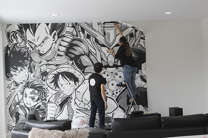 installer installing anime wallpaper in the living room