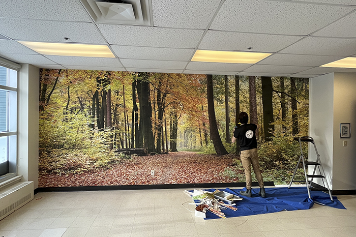 installer installing wallpaper in gray academy wall